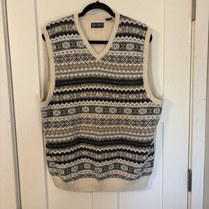 Chaps Men's Cotton Fair Isle Sweater Vest blue green tan preppy academia grandpa